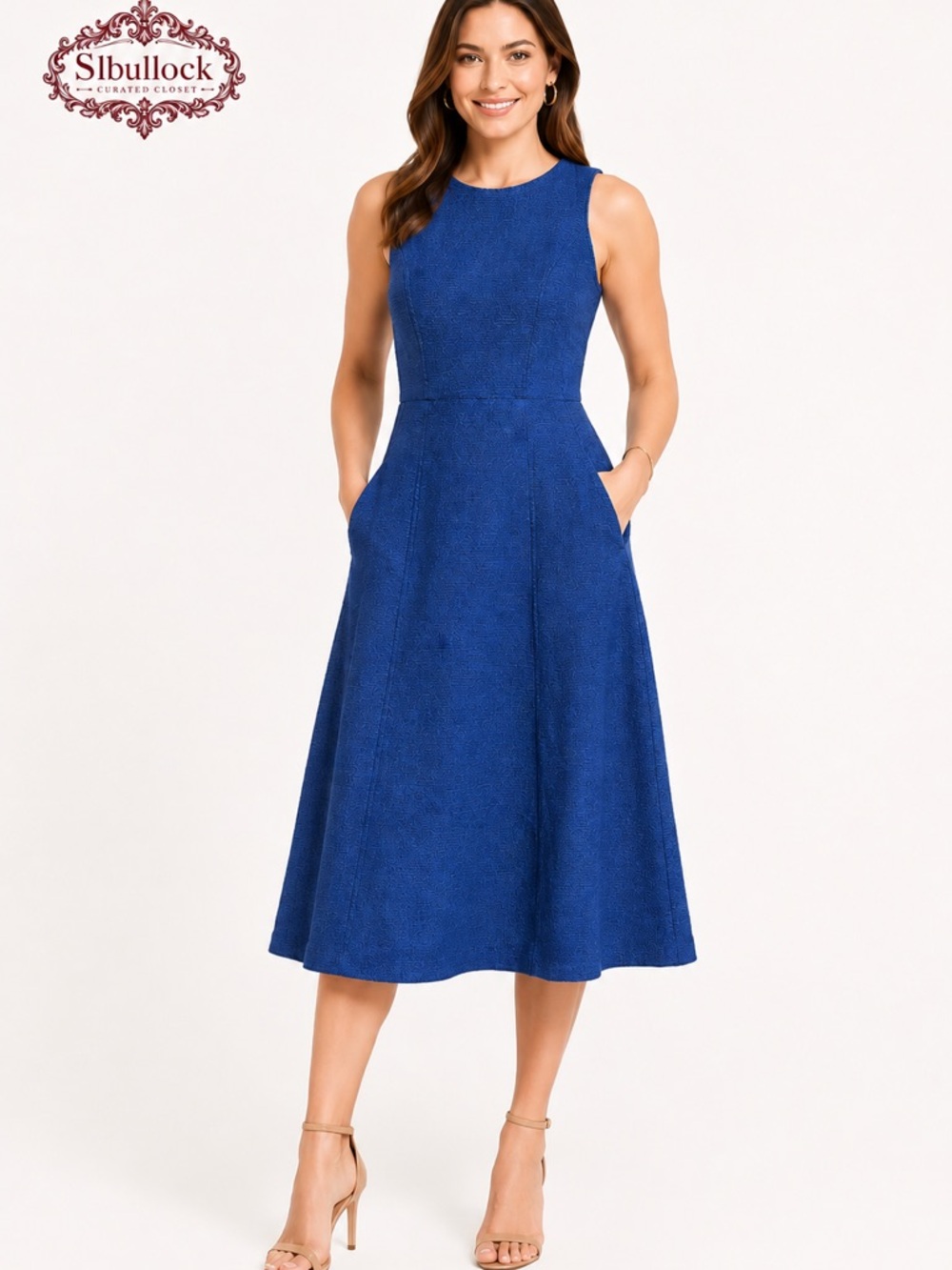 BANANA REPUBLIC Royal Blue Textured Tweed Fit & Flare Midi Dress Pockets Lined 4